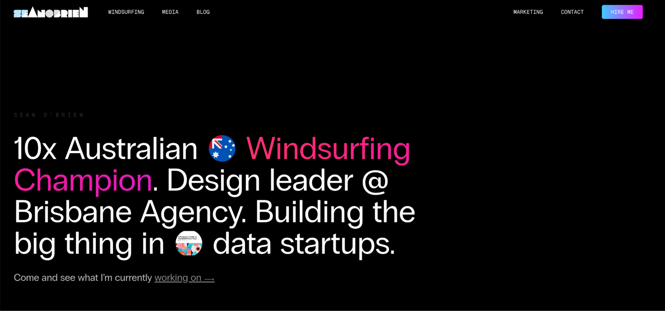 Sean O'Brien's homepage introducing him as a championship-winning windsurfer with bold text above the fold and a full-width background image