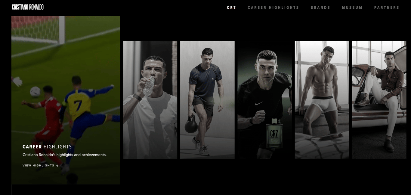 Cristiano Ronaldo's personal website homepage showing a card-based layout linking to his fashion, soccer, and business ventures, with a horizontal career timeline and newsletter sign-up section