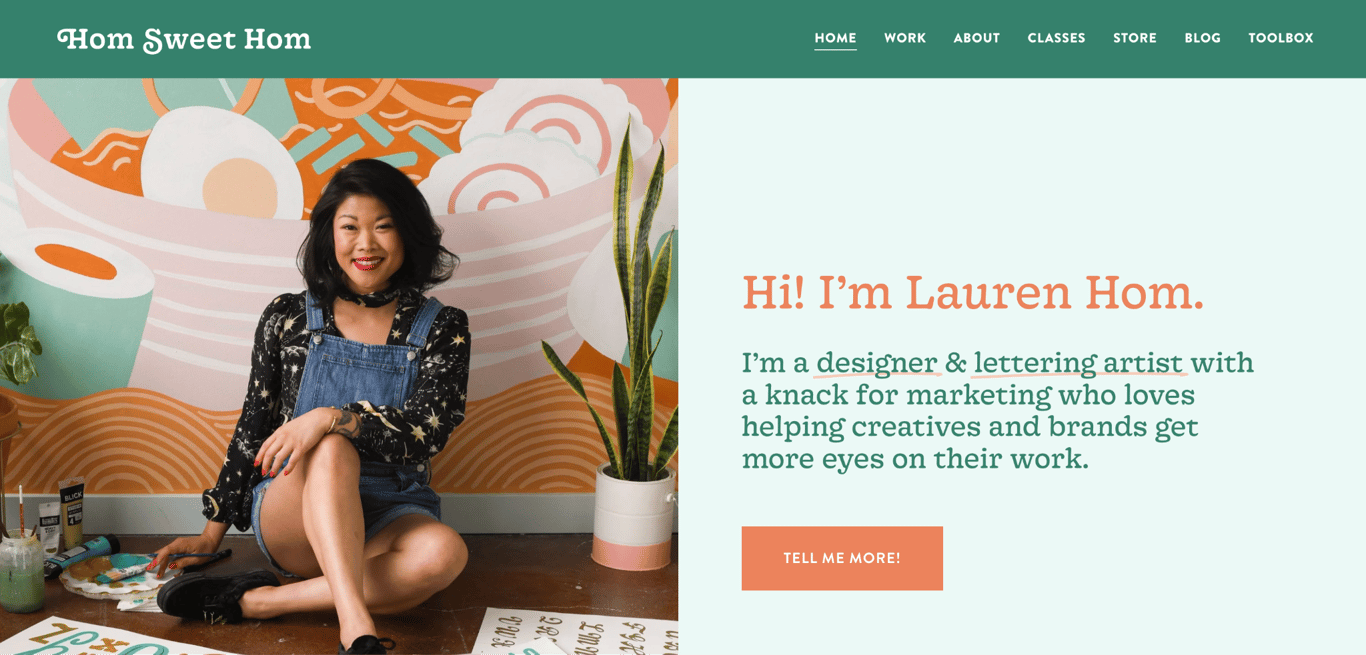 Lauren Hom's portfolio homepage featuring her vibrant illustration and lettering work in bright colors, with her name in custom hand-lettered typography and project thumbnails in her signature playful style