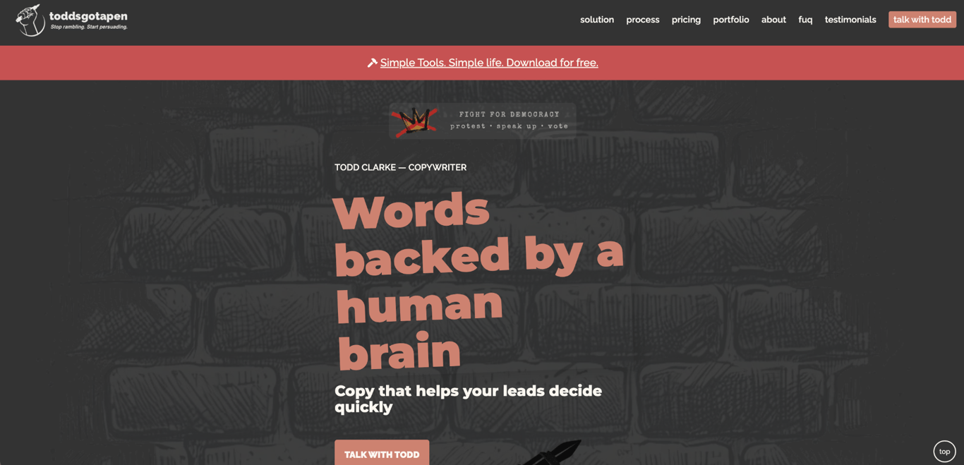 Todd Clarke's Toddsgotapen portfolio homepage with a clean minimal layout showcasing his illustration and graphic design work, with simple navigation and a distinctive personal brand