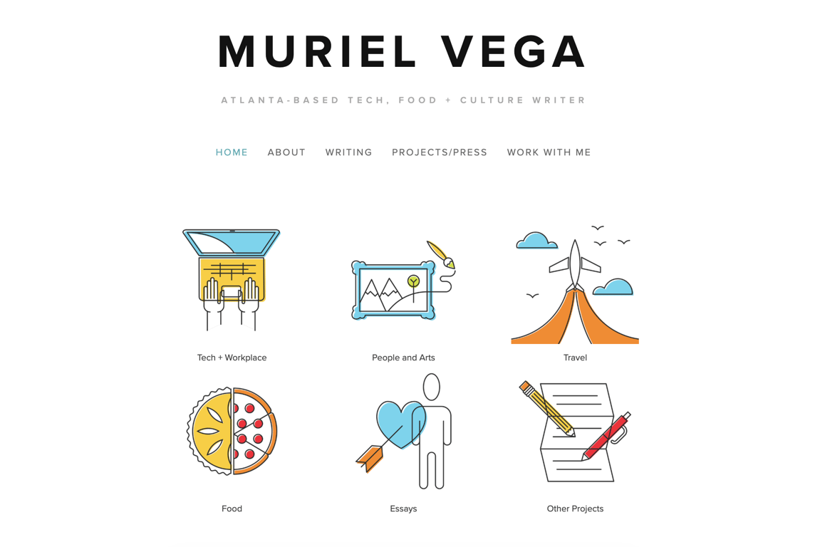 Muriel Vega's freelance writing portfolio homepage with her job title and bio above the fold, a clean navigation menu, and six illustrated project sections linking to her work for publications including The Guardian and Patreon
