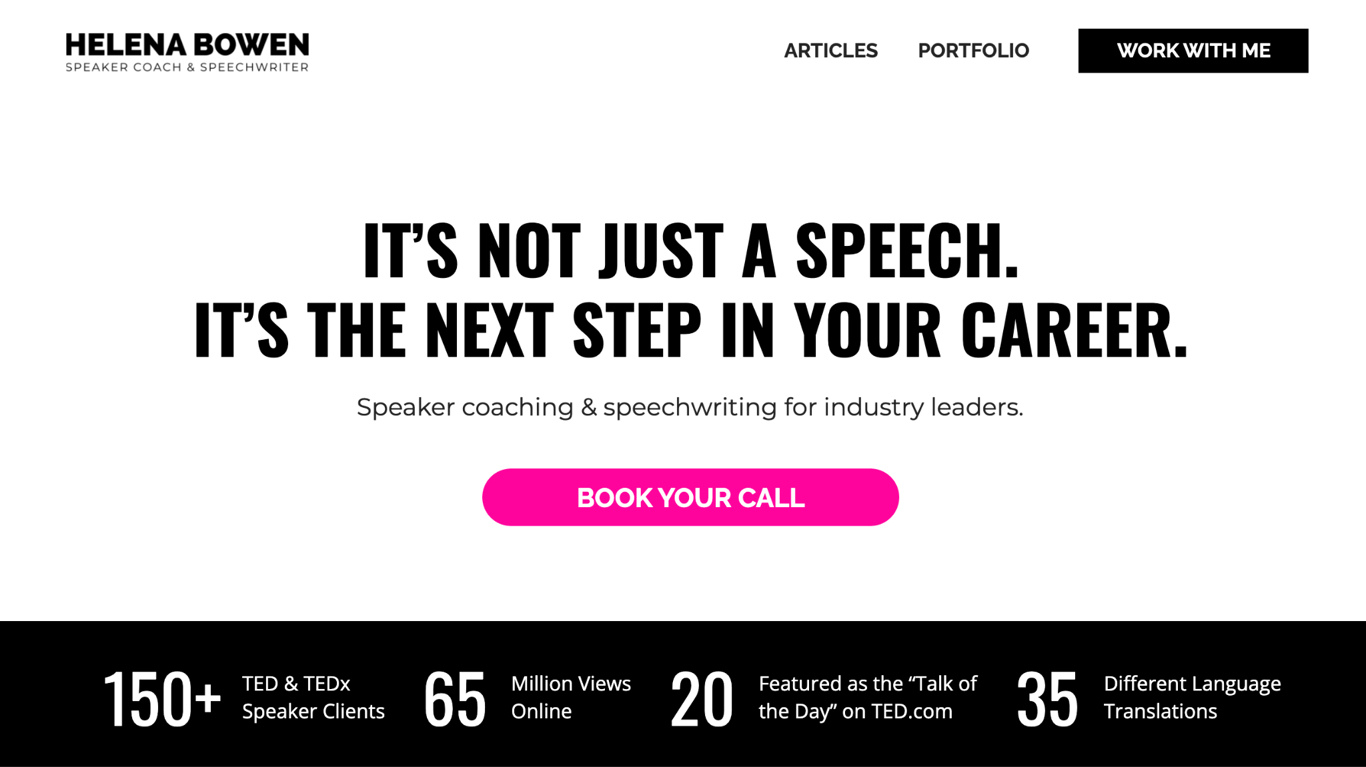 Helena Bowen's speaker and speechwriter portfolio homepage with a hero section highlighting her credentials and features on platforms including TED, CNN, and National Geographic