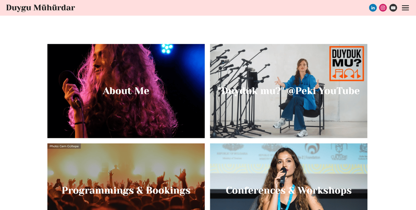 Duygu Mühürdar's portfolio homepage presenting her work as a music industry booker, live event producer, singer, and writer, with links to her projects and booking information