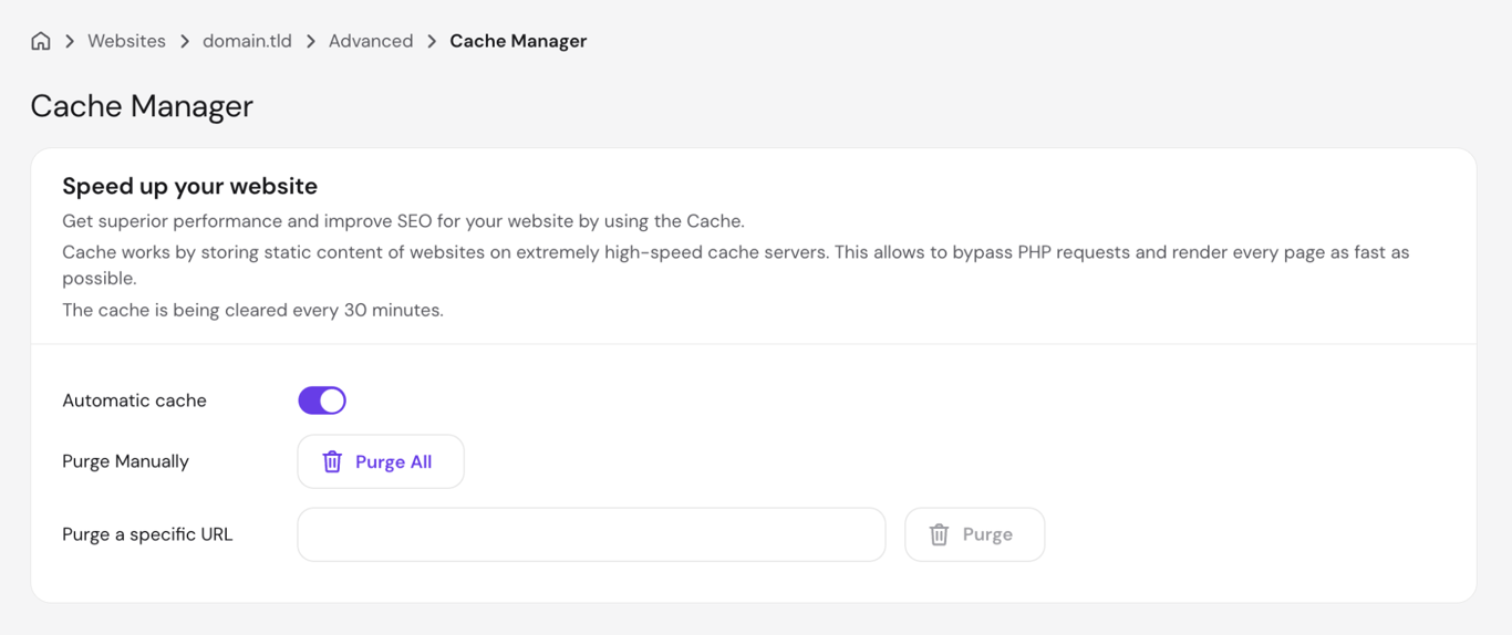 hPanel Cache Manager screen showing the Automatic cache toggle enabled, with options to purge all cached pages or clear a specific URL