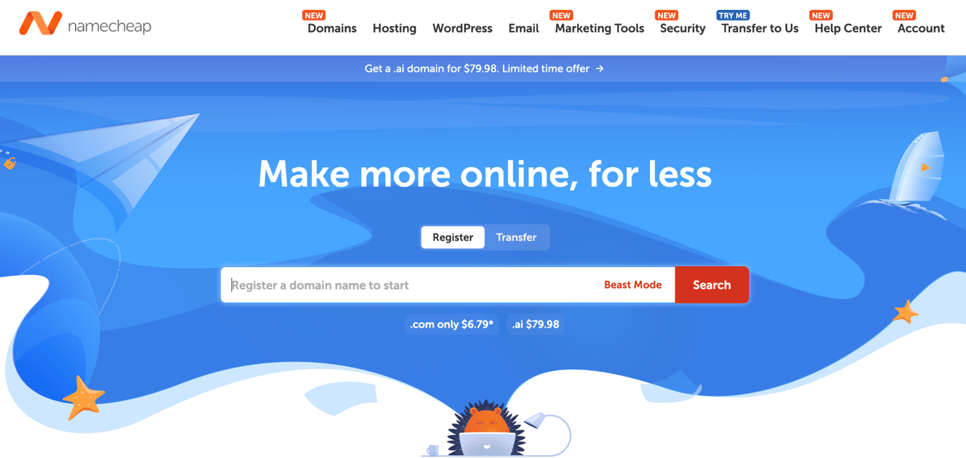 Namecheap homepage with a domain registration search bar, register and transfer tabs, and promotional .com and .ai pricing