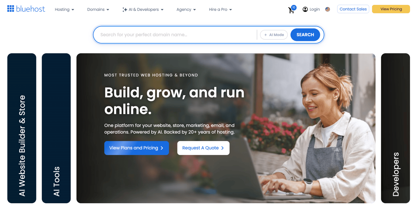 Bluehost homepage with a domain name search bar, an AI Mode toggle, and buttons to view plans and pricing or request a quote