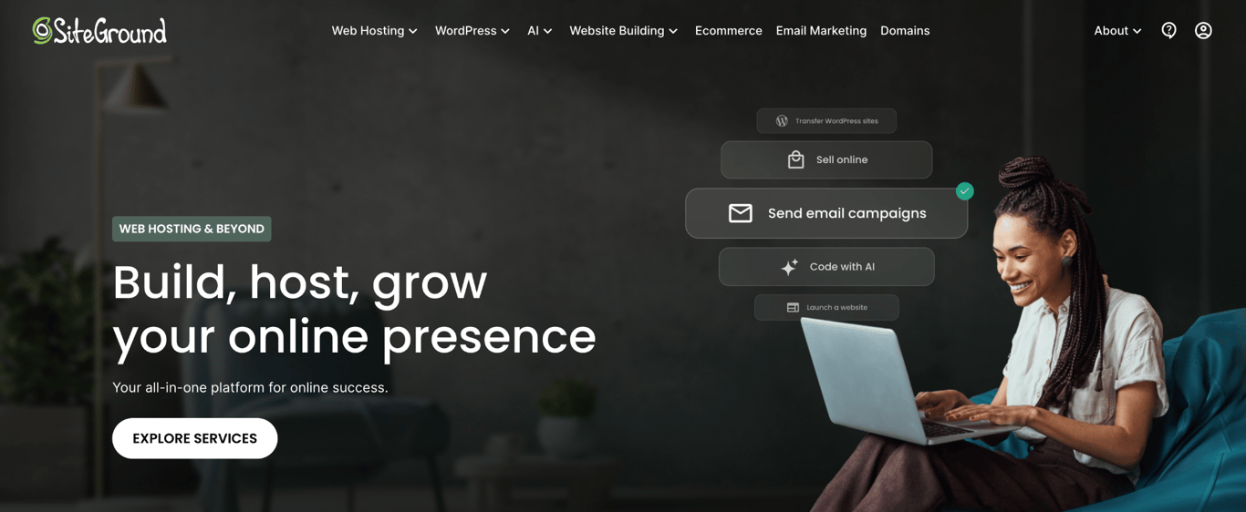 SiteGround homepage showing service shortcuts for transferring WordPress sites, selling online, sending email campaigns, and coding with AI
