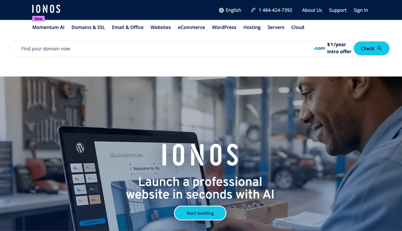 IONOS homepage with a domain search bar showing a .com intro offer and a Start building button for its AI website builder