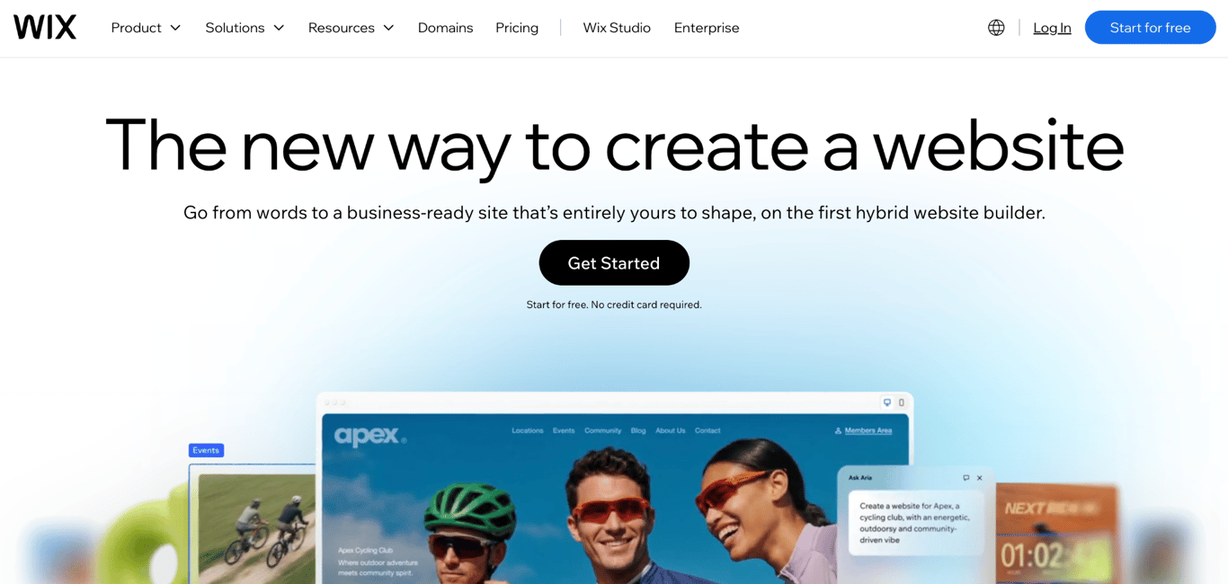 Wix homepage with a Get Started button, a free plan note, and a preview of a website built with the AI website builder