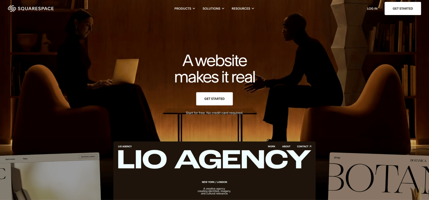 Squarespace homepage with a Get Started button, a free trial note, and previews of design-led website templates