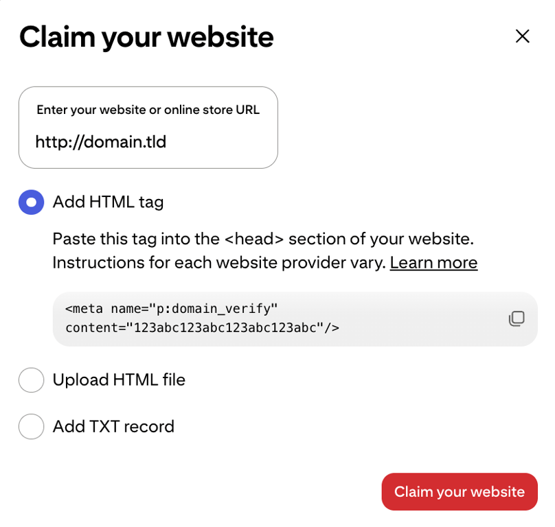 Claim your website pop-up on Pinterest with HTML tag, HTML file, and TXT record verification methods