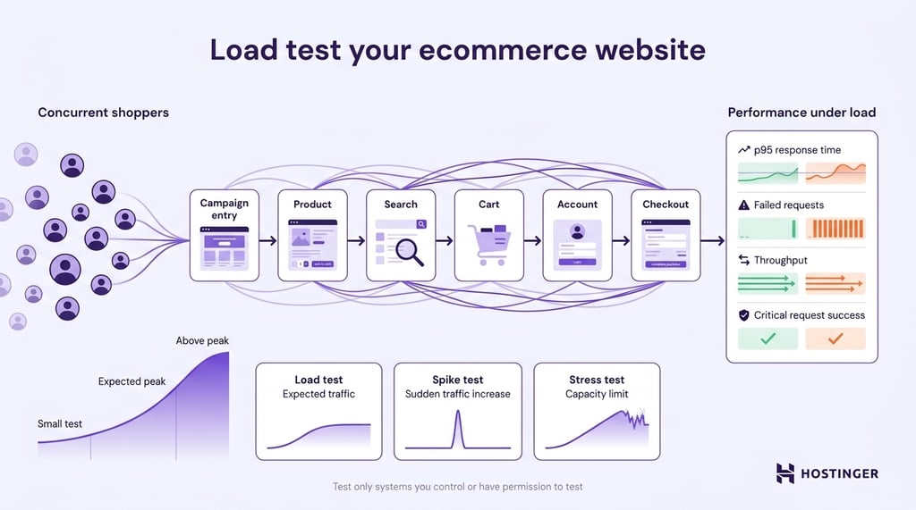 black-friday-ecommerce-load-testing Ecommerce load testing flow showing concurrent shoppers, test types, and performance metrics.
