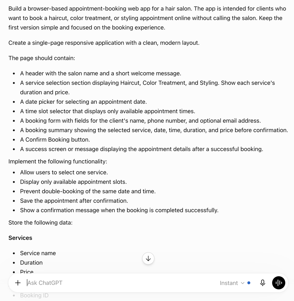 chatgpt-build-prompt-salon-booking-app ChatGPT-generated build prompt for a hair salon booking web app
