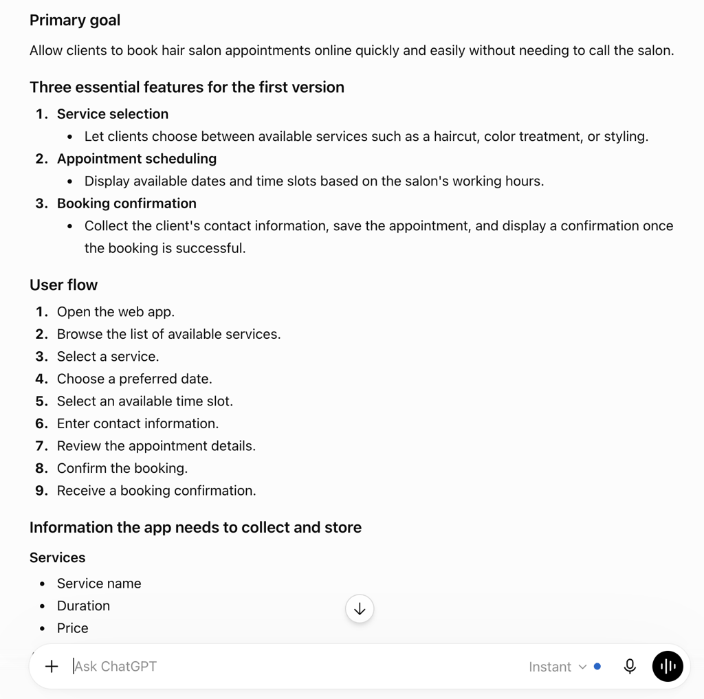 chatgpt-salon-booking-app-plan ChatGPT plan for a salon booking app with features and user flow