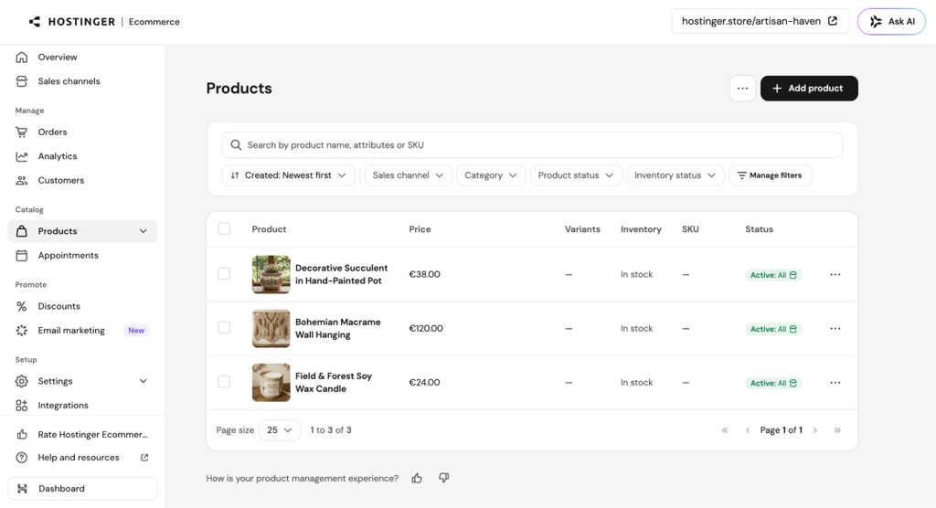 Hostinger Ecommerce products dashboard showing craft items, prices, inventory, status, and SKUs.