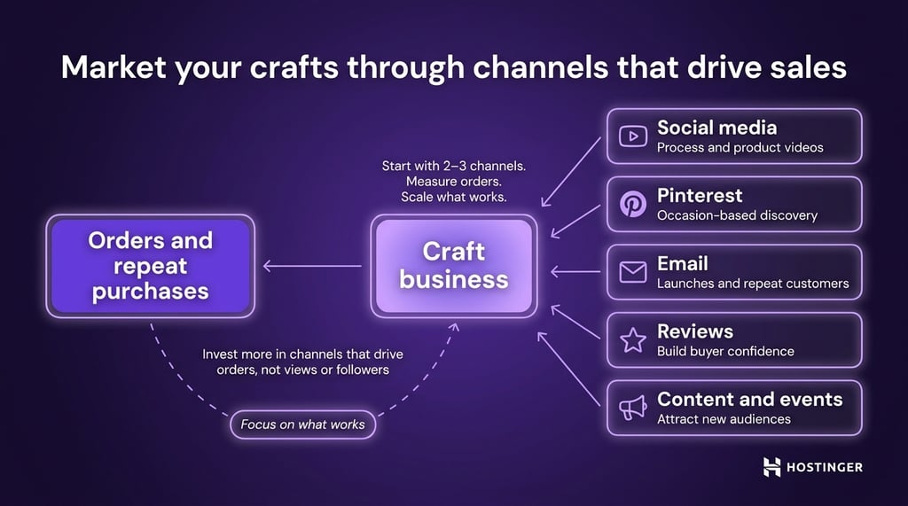 Diagram showing marketing channels for a craft business, including social media, email, and reviews.