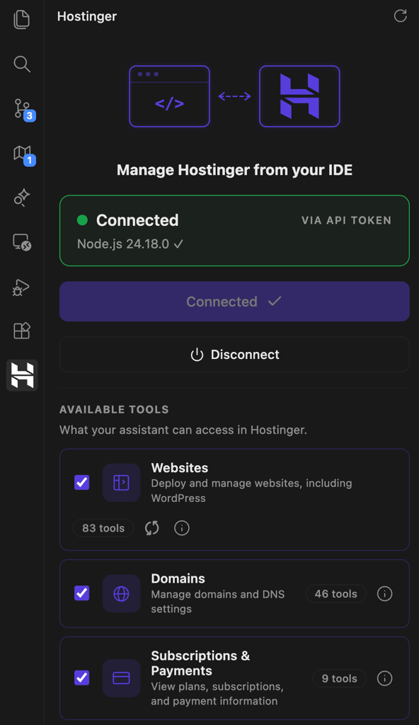 Hostinger Connector panel in Devin Desktop showing connected tools and API token access