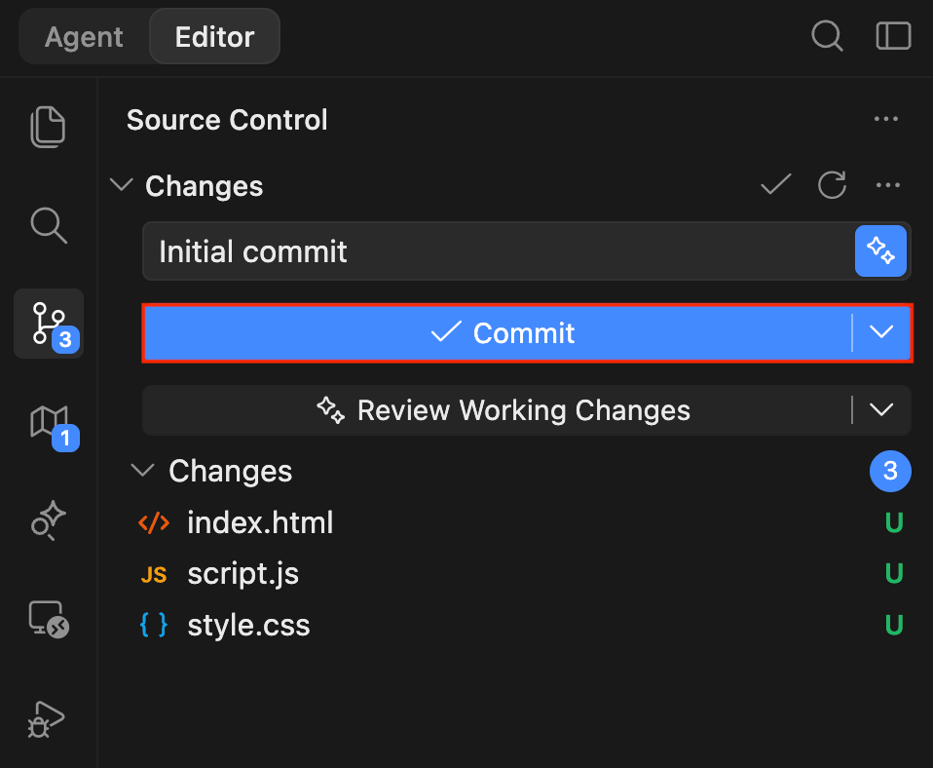Devin Desktop Source Control panel with the Commit button highlighted