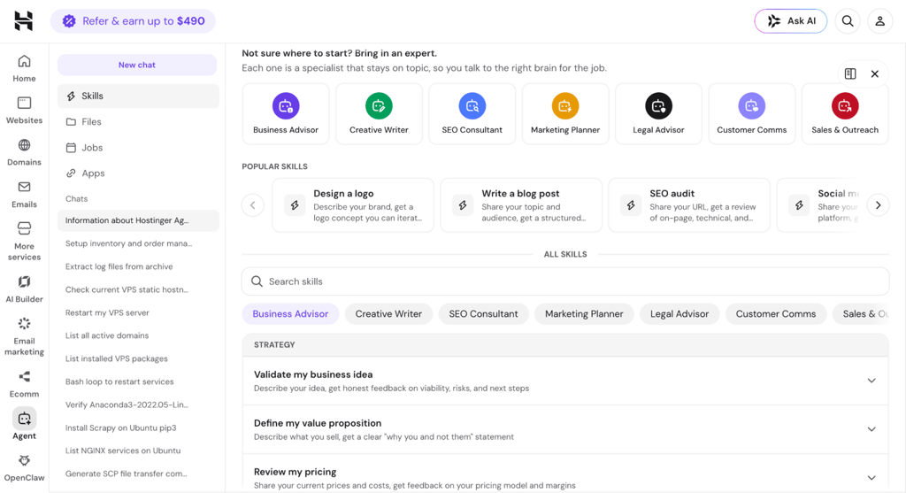 Hostinger Agent skills page showing specialist agents and popular skills