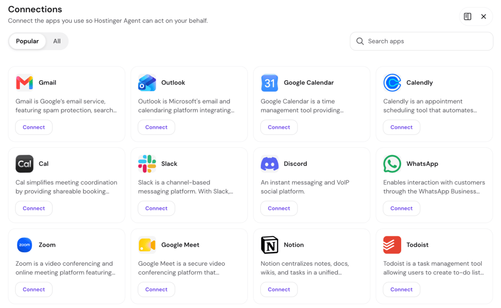 Hostinger Agent connections page showing supported app integrations