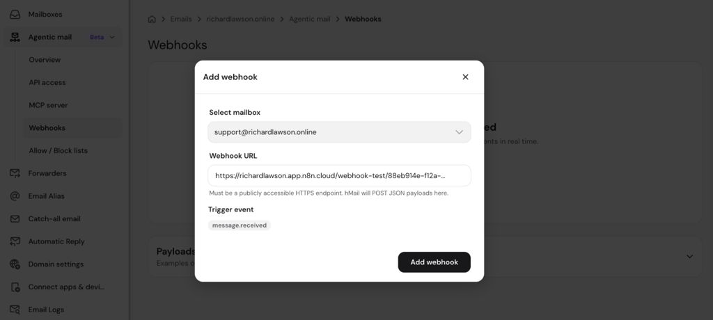 hostinger-agentic-mail-webhooks-add-webhook Hostinger Agentic Mail form for adding a webhook URL to a mailbox