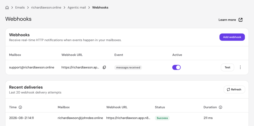 hostinger-agentic-mail-webhooks-recent-deliveries-success Hostinger Agentic Mail Webhooks page showing a successful recent delivery