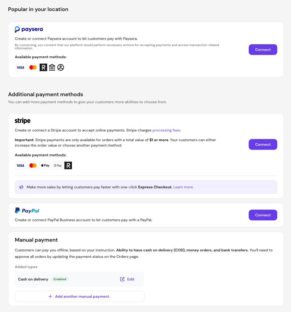 hostinger-ecommerce-payments-payment-methods Hostinger Ecommerce payment settings showing Paysera, Stripe, PayPal, and manual payments.