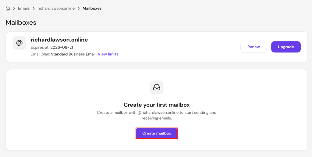hostinger-email-mailboxes-create-mailbox-highlighted Hostinger Mailboxes page with the Create mailbox button highlighted