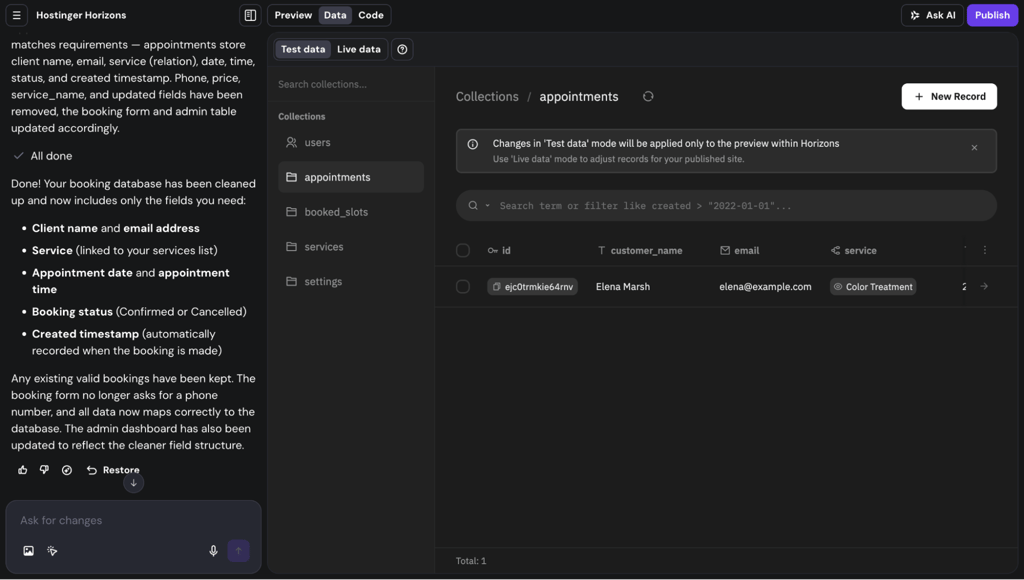 hostinger-horizons-appointments-database Appointments database in Hostinger Horizons with a test booking record