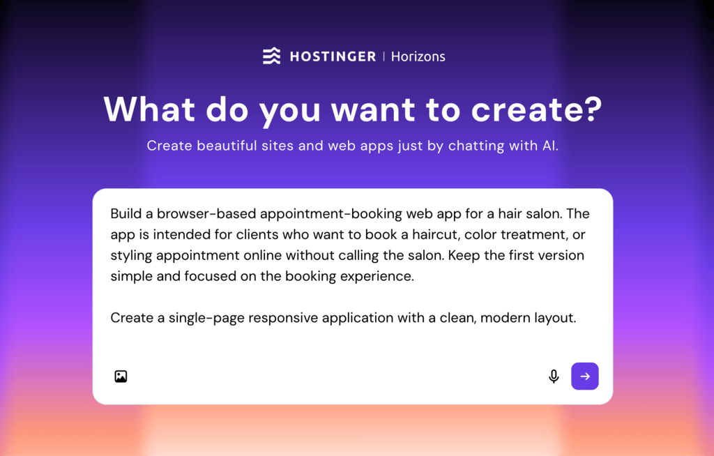 hostinger-horizons-build-prompt-input Build prompt pasted into the Hostinger Horizons input field