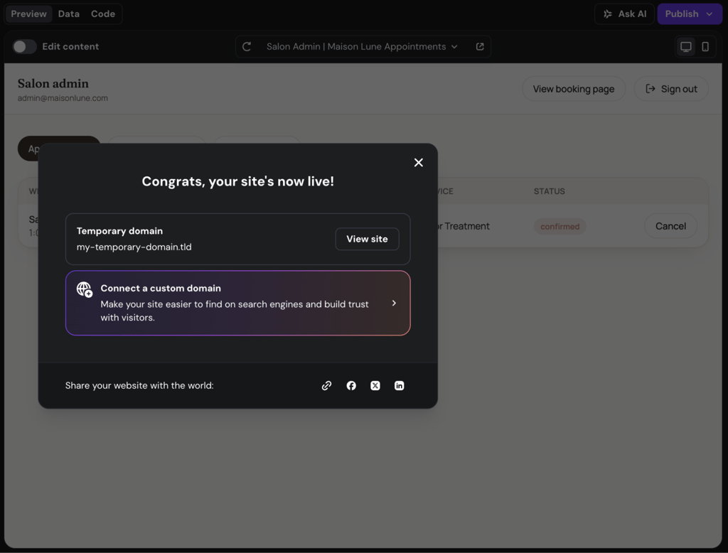 hostinger-horizons-publish-confirmation Publish confirmation with temporary domain and custom domain option