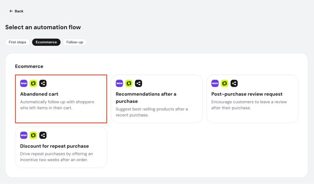 hostinger-reach-automation-flow-ecommerce-abandoned-cart-highlighted Hostinger Reach Ecommerce automation flows with Abandoned cart highlighted.