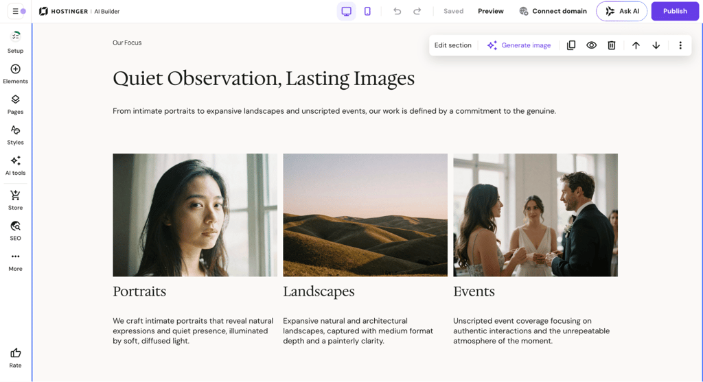 how-to-start-photography-business-ai-builder-portfolio-editor Hostinger AI Builder editor showing a portfolio for portraits, landscapes, and events