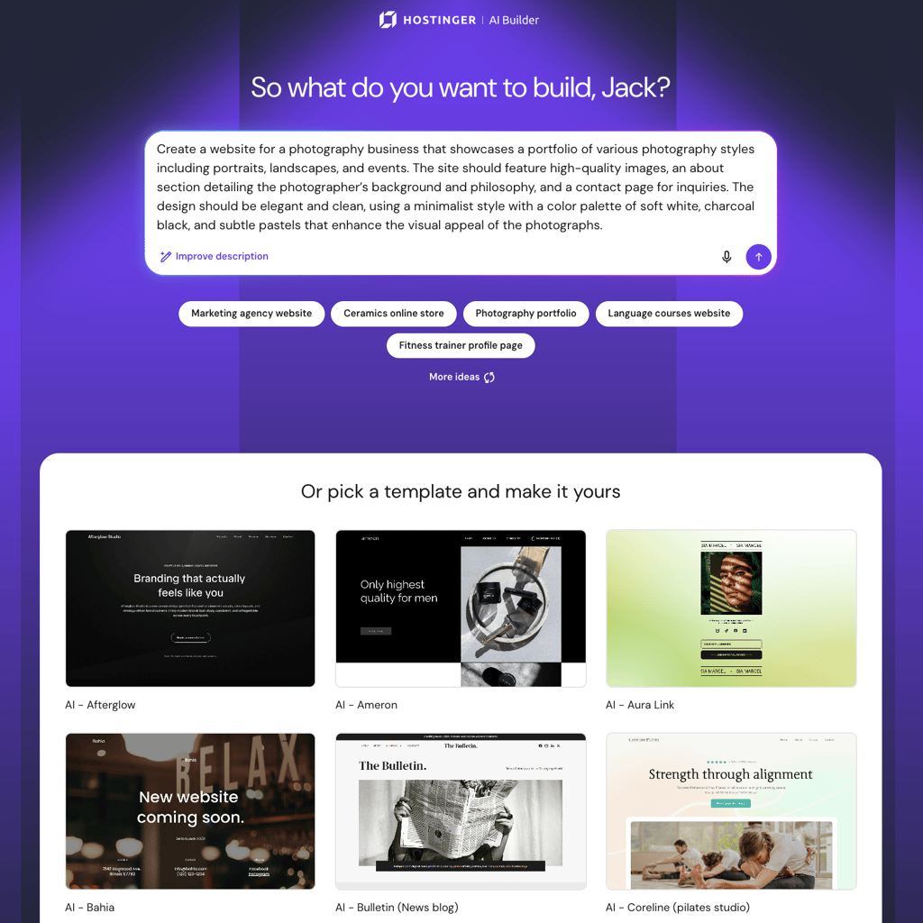 how-to-start-photography-business-ai-builder-prompt-and-templates Hostinger AI Builder prompt and templates for creating a photography business website