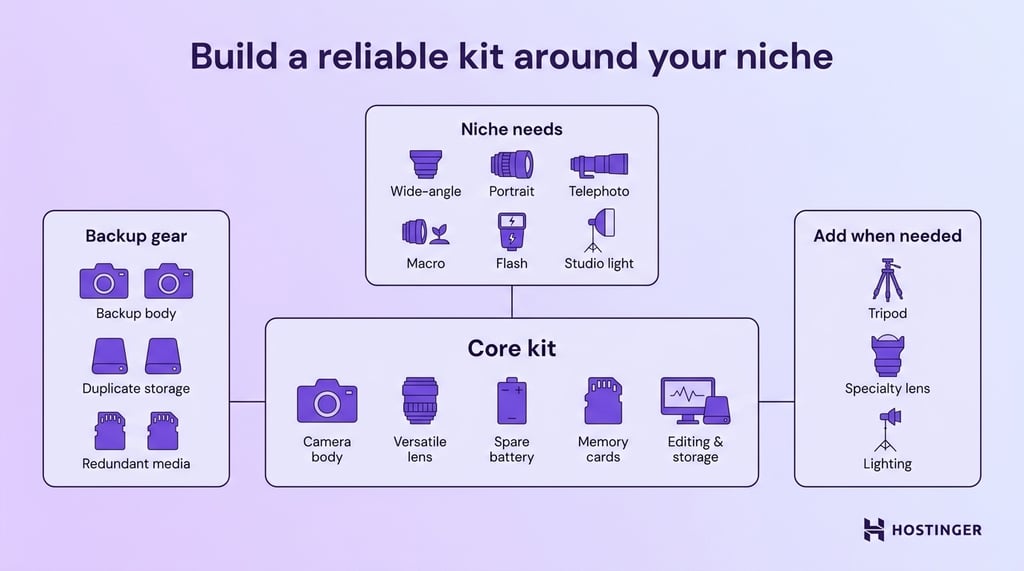 how-to-start-photography-business-equipment-kit-by-niche-guide Photography equipment diagram with core gear, backup gear, niche needs, and optional additions