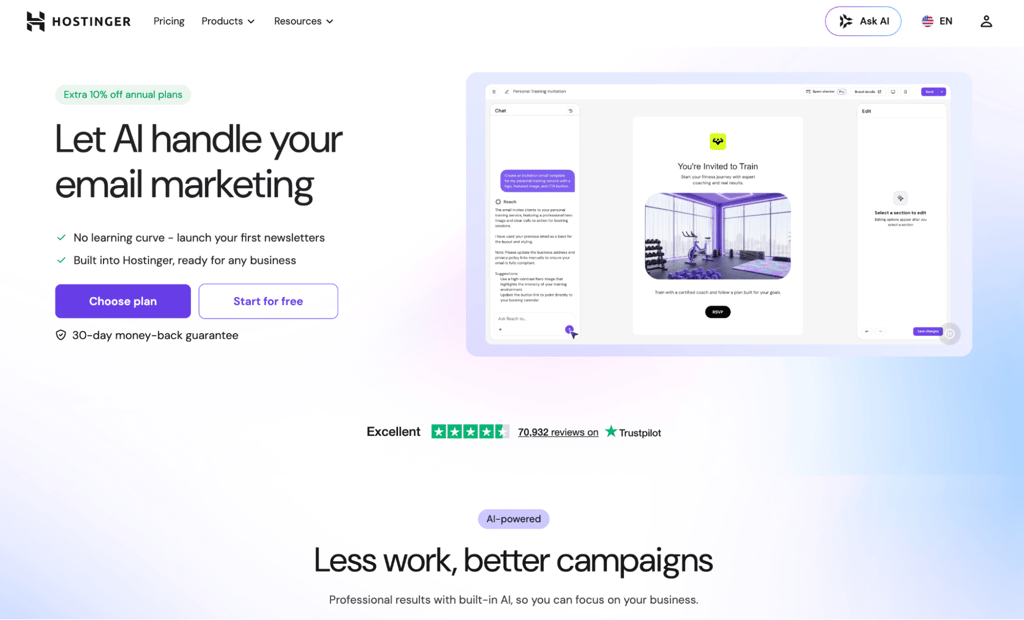 Hostinger Reach homepage