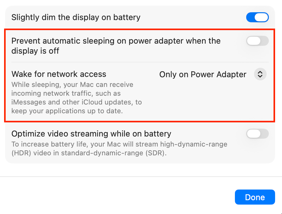 macos-energy-settings-sleep-wake-highlighted macOS energy settings for preventing sleep and wake for network access