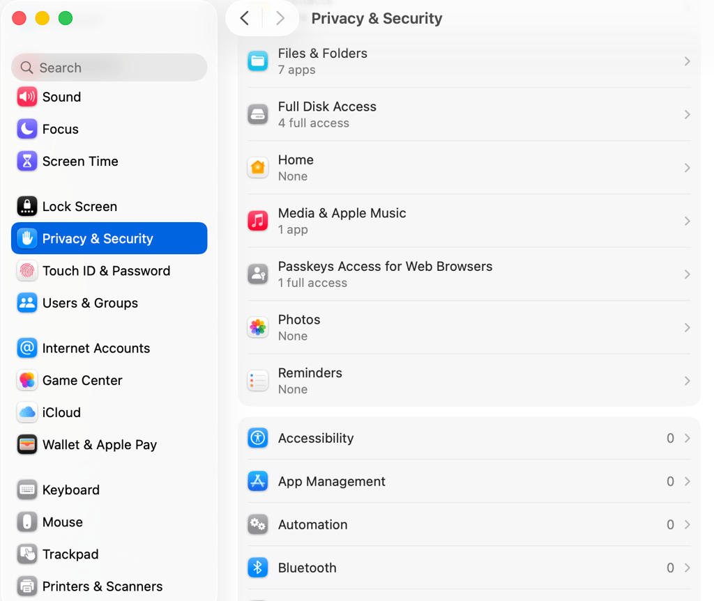 macos-privacy-security-settings macOS Privacy and Security settings showing permission categories
