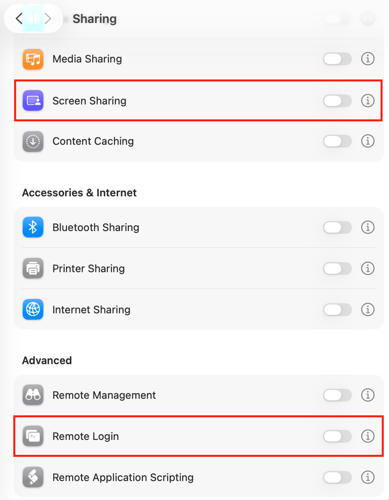 macOS Sharing settings with Screen Sharing and Remote Login options