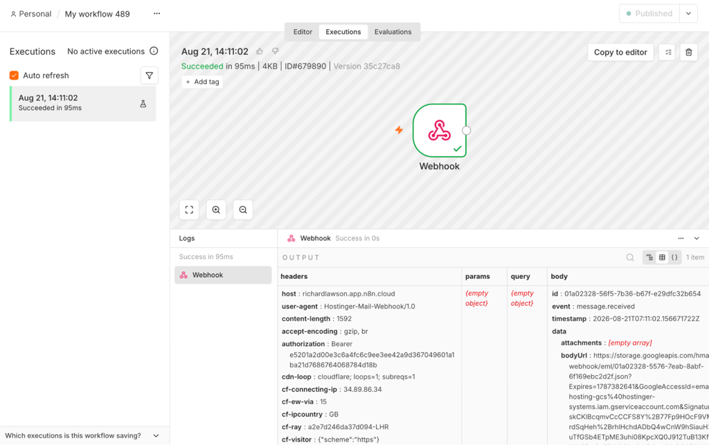n8n-executions-webhook-success-output n8n Executions page showing a successful Webhook node run and its output