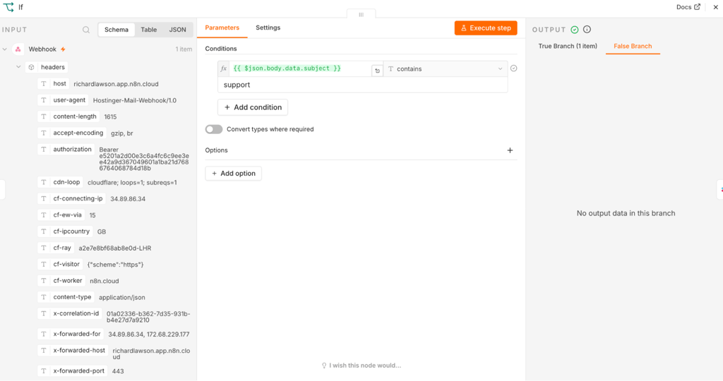 n8n-if-node-subject-filter n8n If node filtering webhook data when the email subject contains support