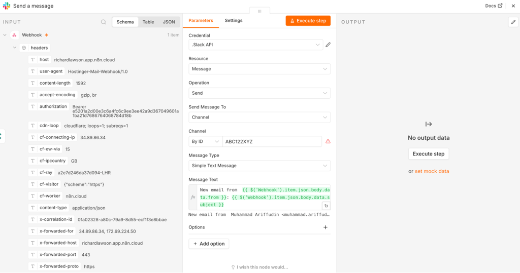 n8n-slack-send-message-parameters n8n Slack node configured to send email sender and subject details to a channel