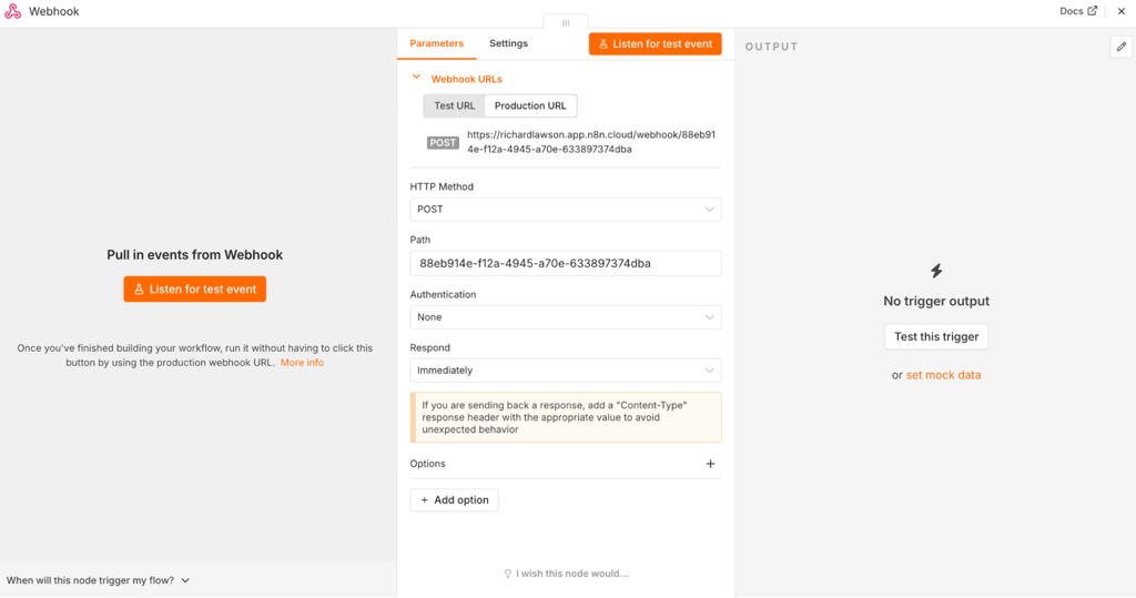 n8n-webhook-node-production-url-settings n8n Webhook node showing the Production URL and POST request settings