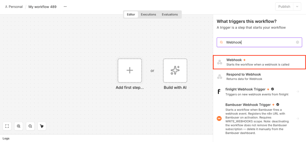 n8n-workflow-editor-webhook-trigger-highlighted n8n workflow editor with the Webhook trigger option highlighted