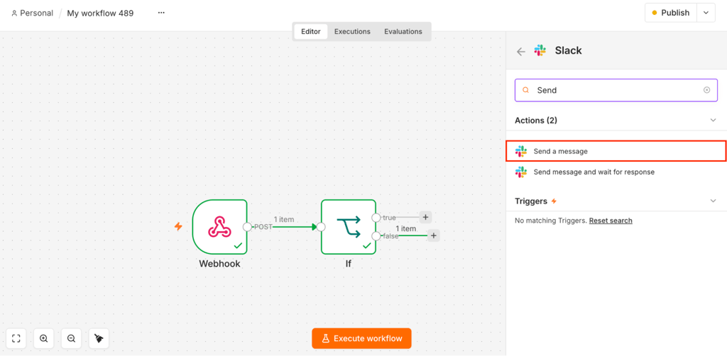 n8n-workflow-slack-send-message-action-highlighted n8n workflow with Webhook and If nodes and the Slack Send a message action highlighted