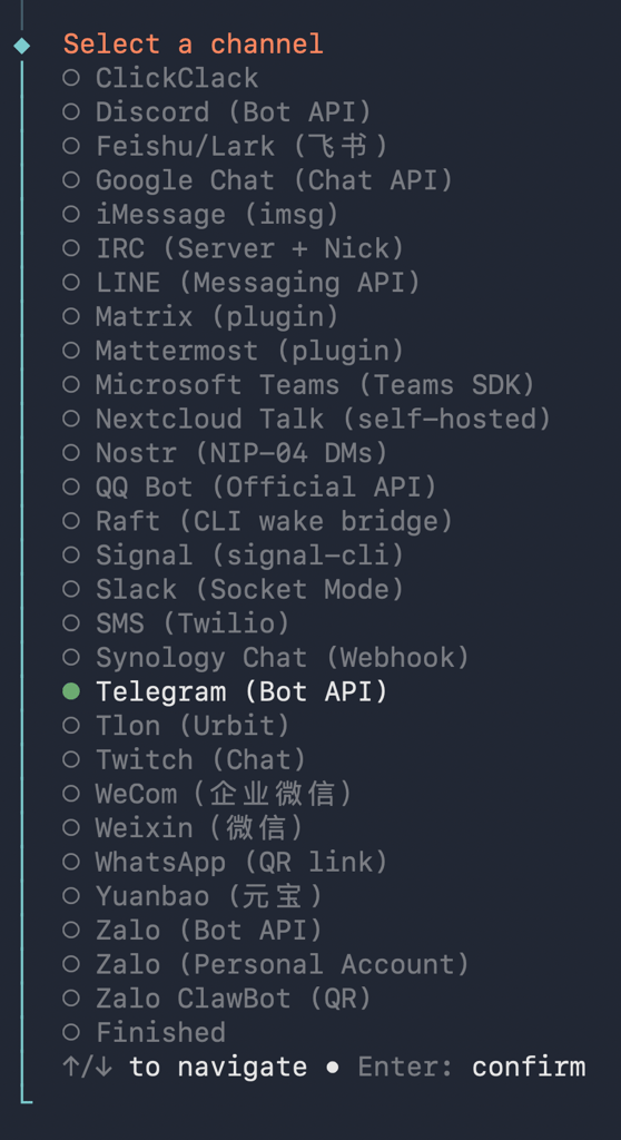 openclaw-onboarding-channel-selection OpenClaw channel selection list with Telegram selected