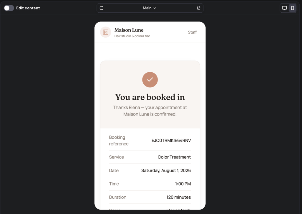 salon-booking-app-confirmation-mobile Booking confirmation screen showing appointment details on mobile