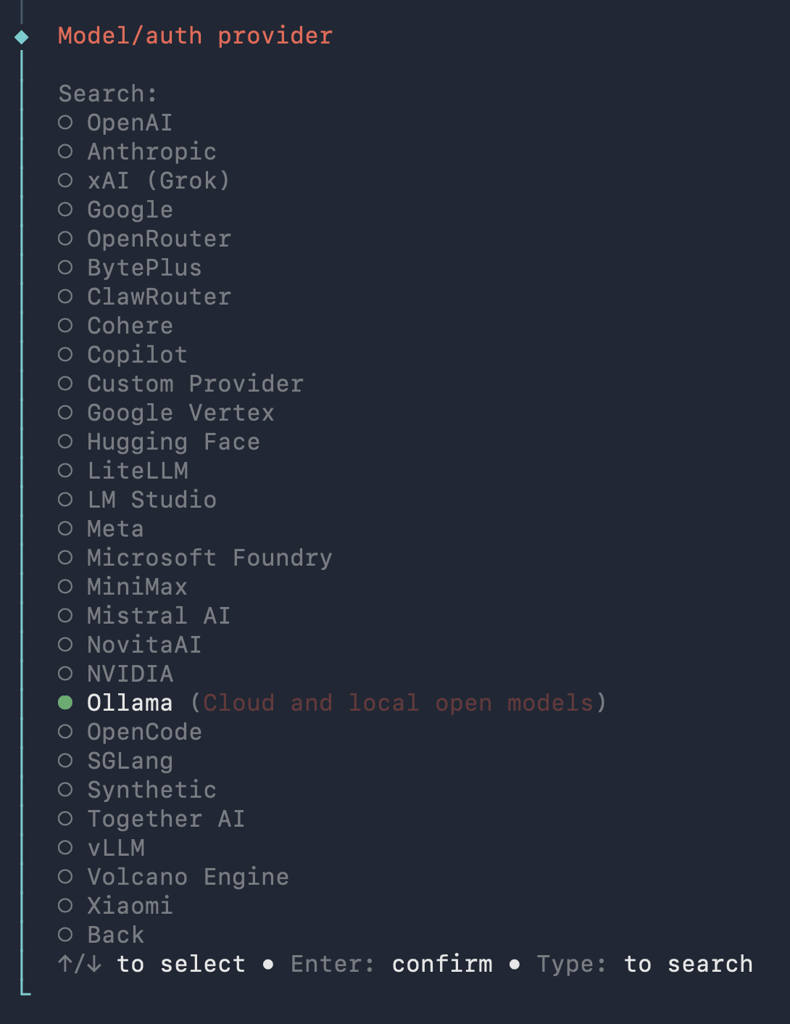 terminal-openclaw-model-auth-provider-ollama-selected The Model/auth provider selection in the OpenClaw onboarding tool
