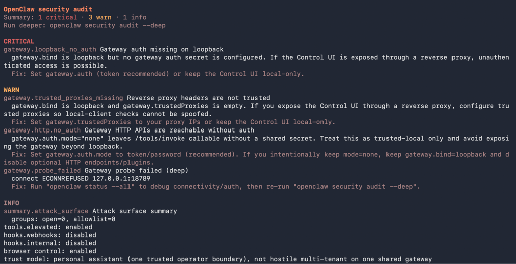 terminal-openclaw-security-audit-output OpenClaw security audit output showing critical, warning, and info findings