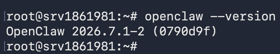 terminal-openclaw-version-output Terminal output showing OpenClaw version 2026.7.1-2